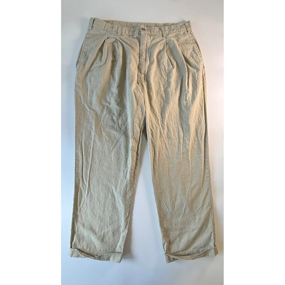 Salute‎ Oleg Cassini Vintage Linen Cotton Pleated Pants 38x30 Khaki Tan Cuffed